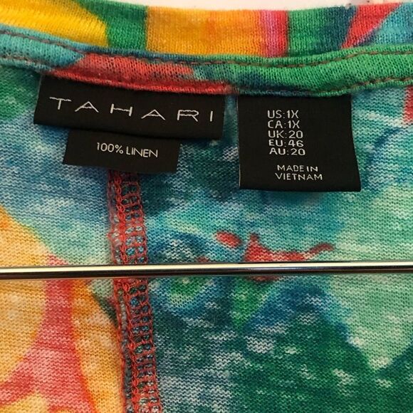 Tahari Women’s Tropical 100% Linen Shirt Cap Sleeves 1X Resort Vacation Tee - Picture 4 of 7